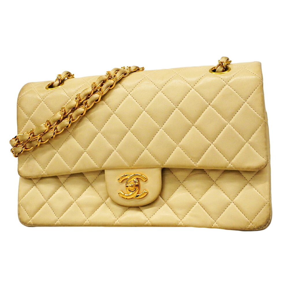 Chanel Matelassé Shoulder Bag, Double Flap, Chain, Lambskin, Beige, Women's